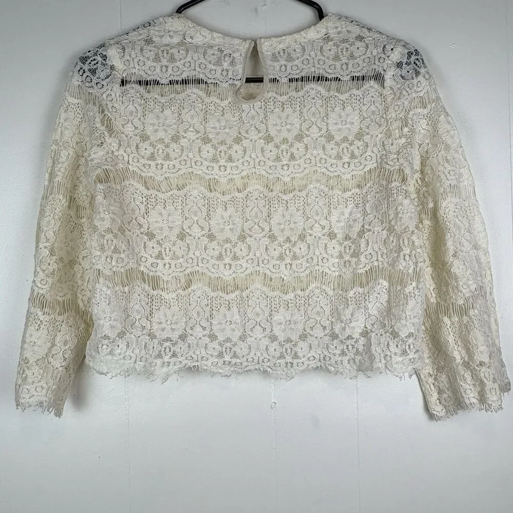 Free People Blouse Top Ivory Romantic Cropped Lace Fairycore Cottagecore, Medium